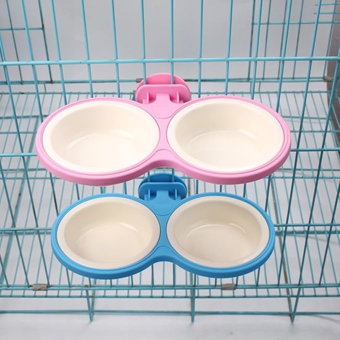 Pet Durable Bowl Cage Bowl, Pet Food Water Removable Bowls with Bolt Holder Hanging Cage Coop Cup Non-Skid Feeder Set Double Diners Portable for Feeding Dogs Cats Birds (Blue)