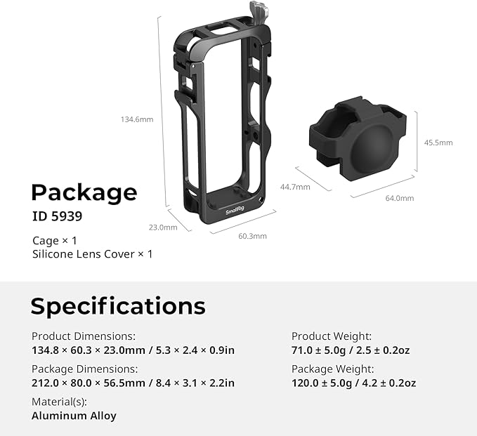 SMALLRIG Cage for Insta360 X4 Air Accessories, Aluminum Alloy Protective Case for Insta360 X4 Air Quick Release, Built-in Cold Shoe Mounts & 1/4" Threads, with Silicone Lens Cover - 5939
