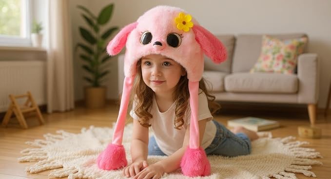 Bubblepompom Animal Hat with Ears Moving Jumping Pop Up Beating Hat Plush Holiday Cosplay Dress Up Funny Gift for Kids
