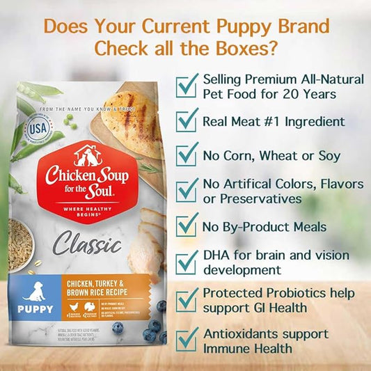 Chicken Soup for The Soul All Natural Premium Dry Puppy Food, Real Meat First Ingredient, No by-Products, Supports Brain Development & Strong Bones & Teeth, Chicken, Turkey & Brown Rice, 13.5lb