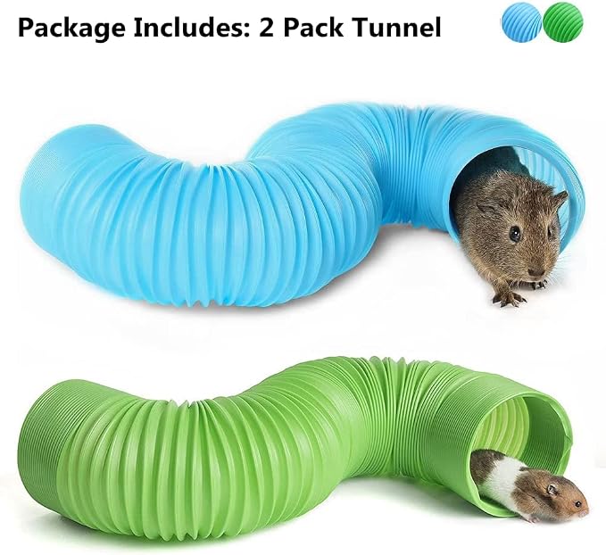 2 Pack Collapsible Ferret Tunnel - Fun Plastic Guinea Pigs Tube Tunnel Foldable Hideaway Exercising Training Tube Toys for Ferrets,Chinchilla, Guinea Pig, Gerbil, Mouse, Rat (Blue+Green)