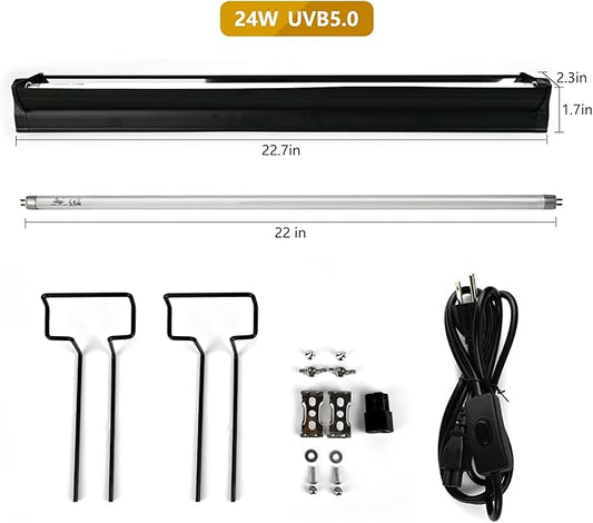 T5 UVB Lighting Combo Kit for Reptiles,24W Light Fixture with Desert 5.0 T5 UVB Light Bulbs Terrarium Hood Heat Lamp for Breaded Dragon,Turtle,Frog,Lizard,Tortoise,Gecko,Snake