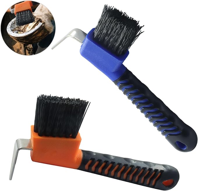 Horse Hoof Pick Brush, Soft Touch Rubber Handle Portable Hoof Pick for Horse Grooming, Cleaning (Orange+Blue)