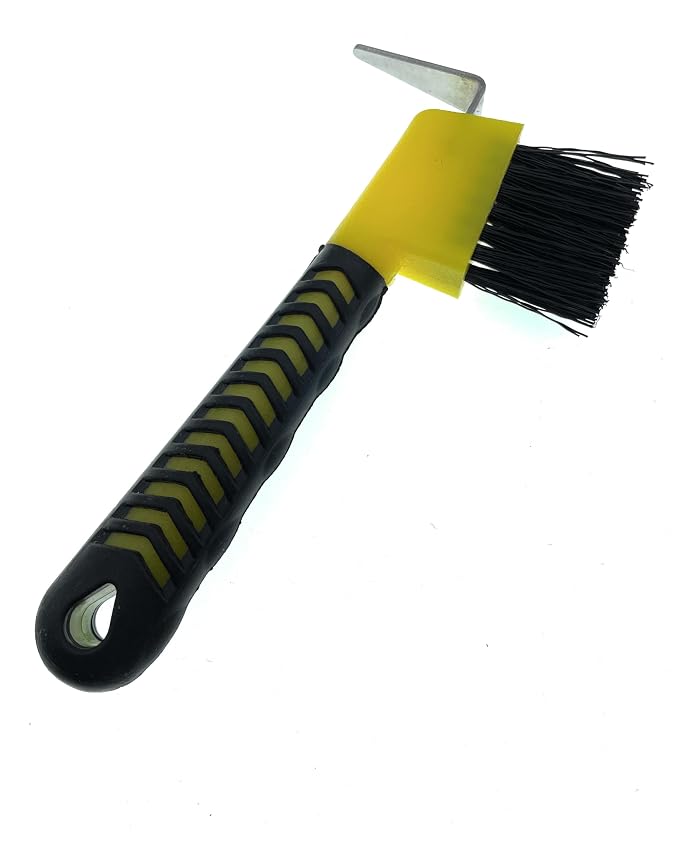 Horse Hoof Pick with Brush - Non-Slip Ergonomic Handle, Heavy-Duty Steel Pick & Stiff Bristles - Removes Dirt, Mud & Rocks - Horse Grooming Tool for Daily Hoof Care (Yellow)