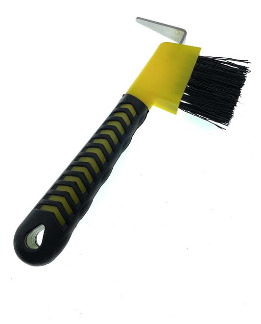 Horse Hoof Pick with Brush - Non-Slip Ergonomic Handle, Heavy-Duty Steel Pick & Stiff Bristles - Removes Dirt, Mud & Rocks - Horse Grooming Tool for Daily Hoof Care (Yellow)