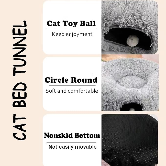 Cat Bed Tunnel Tube Toy Grey Plush Round, Collapsible Pet Tunnels for Indoor Cats, Interactive Toys Play Tubes with Hanging Ball for Fun Playtime & Exercise for Kitten, Puppy, Rabbit