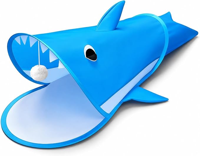 Blue Shark Cat Tunnel Toy, Collapsible Pop-Up Cat Play Tunnel with Interactive Hanging Ball & Storage Bag, Durable Polyester Interactive Cat Toy for Indoor Cats, Kittens