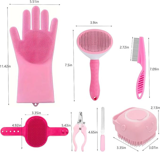 8PCS Dog Bath Supplies Set,Dog Washing Gloves,Shampoo Brush, Shedding Slicker Brush,Complete Pet Grooming Kit for Dog&Cat and Small Animal Grooming(8PCS-Bath-Pink)