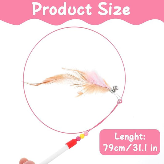 4 Pcs Cat Feather Toys, Cat Feather Wand Toy with Bell Beads Interactive Cats Toys Wand Teaser Wire Wands for Cats Chase Exercise Play
