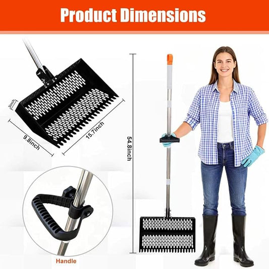 17inch Width Heavy Duty 2-in-1 Chicken Poop Scooper & Rake, Stainless Steel Chicken Coop Litter Sifting Shovel with Ergonomic Grip & Adjustable Angle, Sand Scoop for Coop, 37-54 Inch (17inch)