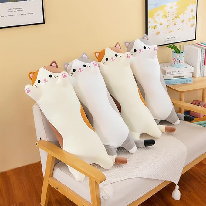 Cat Plush Stuffed Animals Cute Long Cat Body Pillow Plushies Soft Huggable Kitty Pillows for Girls Kids Adults Cat Lovers (New Gray, 27inch)