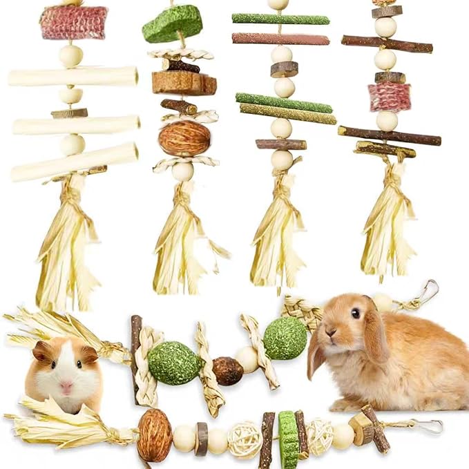 6PCS Bunny Chew Toys, Hamster Rabbit Cage Hanging Chew Toys, Natural Apple Wood Bunnies Treats, Improve Small Animal Teeth Health for Guinea Pig Chinchilla Ferret Rats Gerbil