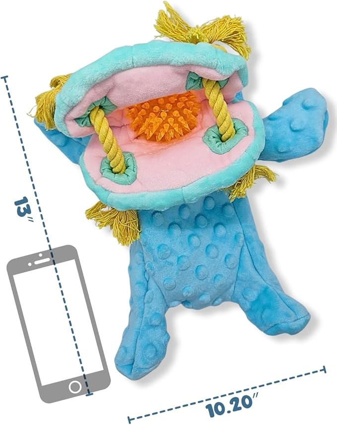 4 in 1 No Stuffing Dog Toy with Squeaker, Ropes & Surprise Play Item inside for Small Medium Large Breeds - Interactive Tug Dog Toy - Great for Cuddling, Playing and Fetch, Soft Blue Plush Hippo