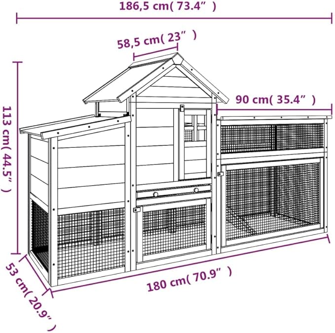 Large Chicken Coop for Backyard, Outdoor Poultry House with Nesting Box and Storage, Solid Pine Wood and Plywood Construction, Rustic Rabbit Hutch, Brown 73.4 x 23.0 x 44.5 Inch