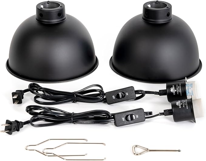 2 Pack Reptile Light Fixture, 8.5in Deep Dome Reptile Lamp Fixture, Optical Reflection Cover, Separate Switch & Hook, Terrarium Light Fixture for Reptile Heat Basking UVB Bulbs, 150W, Black