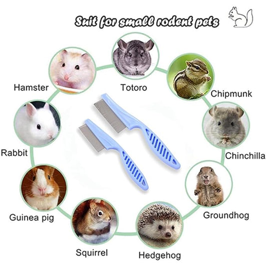 2PC Hamster Grooming Comb - Stainless Stell Face Flea Comb Fine Tooth Tear Stain Remover Removes Crust, Mucus, Stains, Face Brush for Chinchillas, Ferrets, Guinea Pigs, Rabbits (Blue)