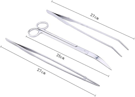 FEITA Aquarium Tweezer Set - Long Stainless Steel Curved & Straight Feeding Tweezers Scissors Maintenance Tools Kit (3 Pcs)