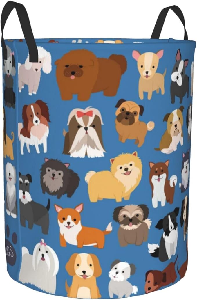 Cute Dogs Blue Round Laundry Hamper Storage Basket Toys Clothes Organizer Bin For Home Bathroom Bedroom Dorm Nursery, 38l