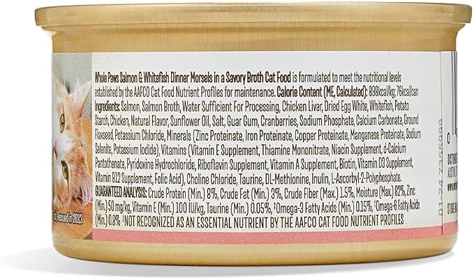 Whole Paws, Wet Cat Food, Salmon & Whitefish Dinner in Savory Broth, 3 Ounce (Pack of 6)