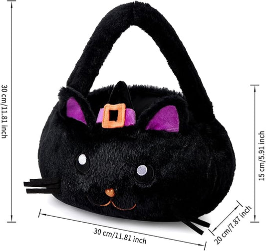 Halloween Plush Treat Basket, Halloween Candy Basket, Trick-or-Treat Bag(Black Cat Witch)