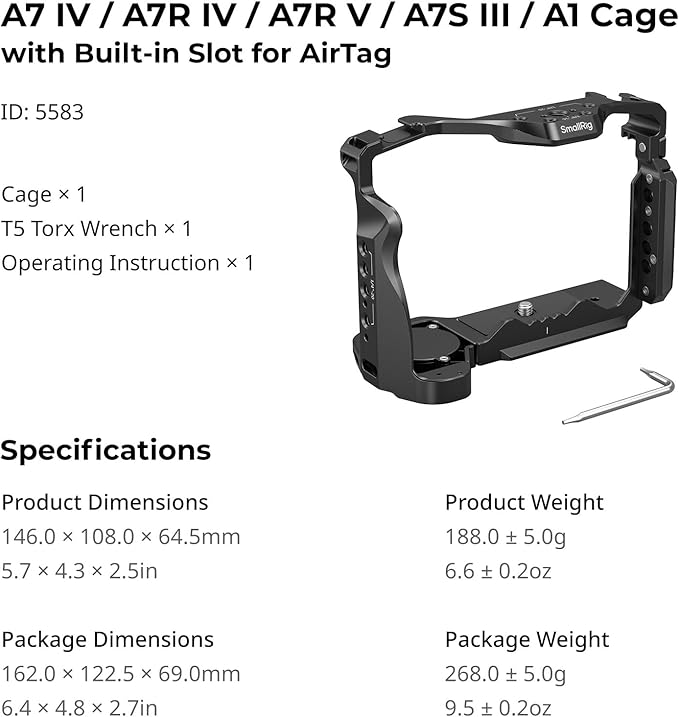 SmallRig A7 V / A7 IV / A7R IV / A7R V / A7S III / A1 Camera Cage with Built-in Slot for AirTag, for Sony Alpha 7 V / 7R V / 7 IV / 7S III / 1 / 7R IV