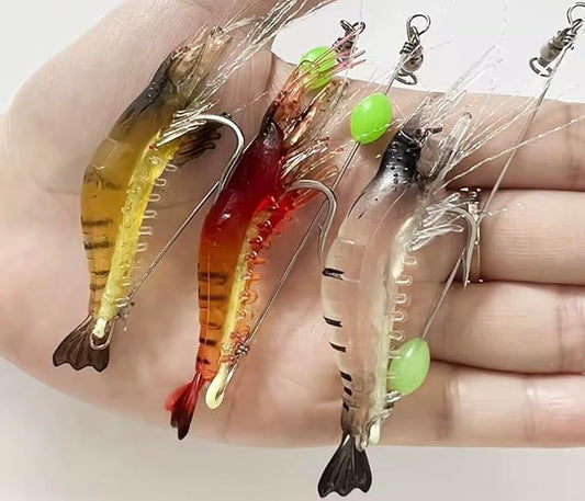 7-Pack Glow Shrimp Fishing Lures – Pre-Rigged Soft Saltwater Bait with Hooks & Beads – Lumobait for Halibut, Flounder, Rockfish, Lingcod