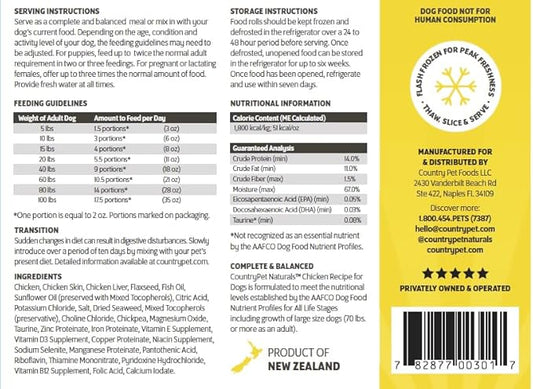 New Zealand Chicken Frozen Fresh Dog Food, High-Protein 91% Grass-Fed Free-Range Meat, Gently Cooked, Grain-Free, Omega-3s, 8 Rolls (12 lb Case)