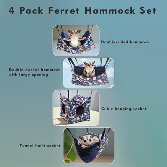 4 Pack Ferret Hammock, Soft Small Animal Washable Guinea Pig Hideout Bed Ferret Cage Accessories for Rat Sugar Glider Squirrel Guinea Pig Hedgehog Hamster (Navy Blue)