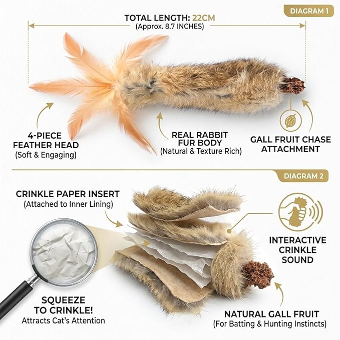 Cat Toys with Real Rabbit Fur Feather,3pcs Kitten Catnip Toy Gall Fruit Treat & Crinkle Paper for Kicking Teeth Cleaning & Stress Relief for Indoor Cats Interactive Christmas Birthday Gift