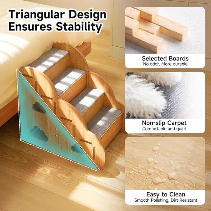 Small Dog Steps for Bed, Wooden Cat Stairs for Old Cats, Pet cat Steps for Couch Sofa Windows,4-Step Ladder,18" L x 12" W x 16" H,Suitable for Height 16-19in