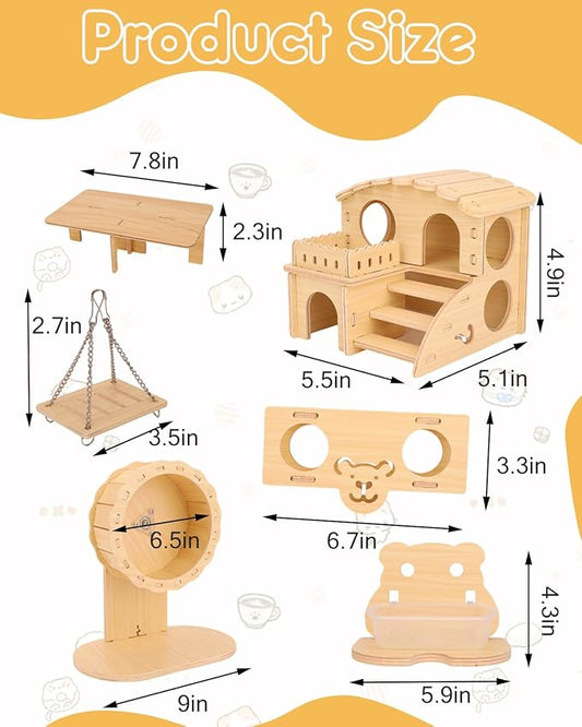 6 PCS Wooden Hamster Cage Accessories Toys Set, Hamster House Hideout, Platform, Silent Wheel, Feeding Box, Swing & Seesaw Toys, Cute Habitat Decor for Syrian Dwarf Hamsters and Gerbil