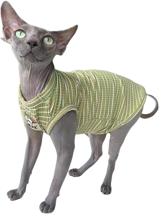 Green Stripe Sphynx Cat Vest Clothes for Hairless Cat T-Shirt Apparel | Sleeveless, Rib Knit, Thin for Summer, Cotton Blend