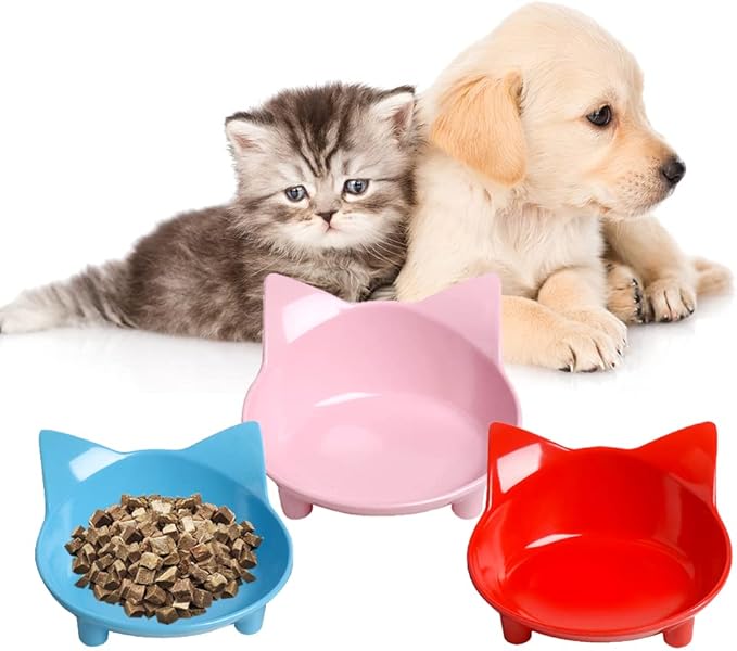 Set of Cat and Dog Bowls - Non Slip, Shallow Food and Water Bowls for Pets (Cats, Dogs, Rabbits, Puppies), Safe Food - Grade to Relieve Whisker Fatigue