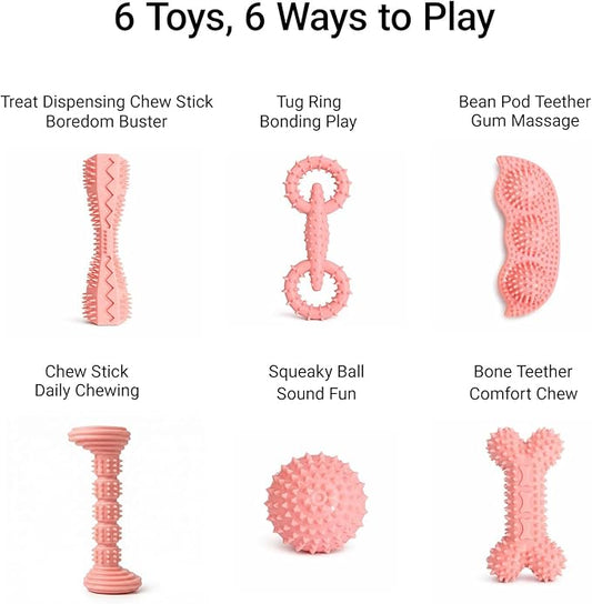 Puppy Chew Toys 6 Pack, Soft TPR Teething Toys for Puppies 2–10 Months, BPA Free Non Toxic Set with Treat Dispensing Stick, Tug Ring & Squeaky Ball for Small Medium Dogs (Pink)