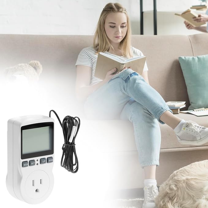 QWORK Digital Thermostat Outlet Plug Temperature Controller Socket - 120V, 15A Max, Heating Cooling Control, No Back Light