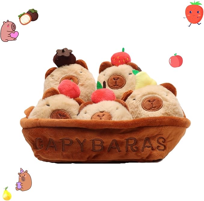 Capybara Plush Toy Set with Fruit, 5pcs Cute Capybaras Stuffed Animal in Basket, 7.87in Interactive Plush Animals, Soft Kawaii Gifts for Kids & Friends – Birthday, Christmas, Holiday Decor