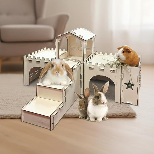 PINVNBY Extra Large Bunny Castle Hideout with Hay Feeder, Wooden Rabbit House Hide Climbing Detachable Indoor Wood Hideaway Castle Tower Tunnel for Rabbit Guinea Pig Hamster Chinchilla Ferret