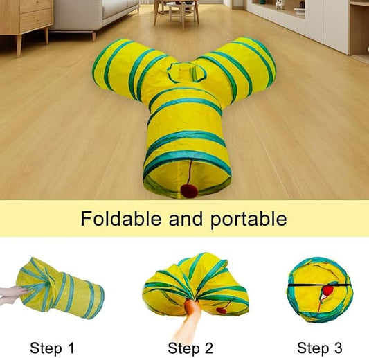 Cat Tunnel Tube Toys,Tunnels for Indoor Cats, Collapsible Interactive Toy with Balls for Rabbits, Kittens, Ferrets, Puppy (3 Way Yellow Green)