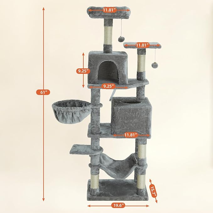 61 Inch Cat Tree with Platform & Hammock, Plush Perch Scratcher & Playhouse for Indoor Cats(Grey)