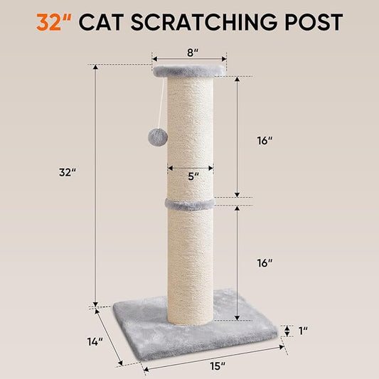 PAWSCRAT Cat Scratching Post 32" Tall, 5-Inch Diameter Natural Sisal Cat Scratch Post with Dangling Ball for Indoor Cats, Scratch-Resistant Durable and Protect Your Furniture, LightGrey
