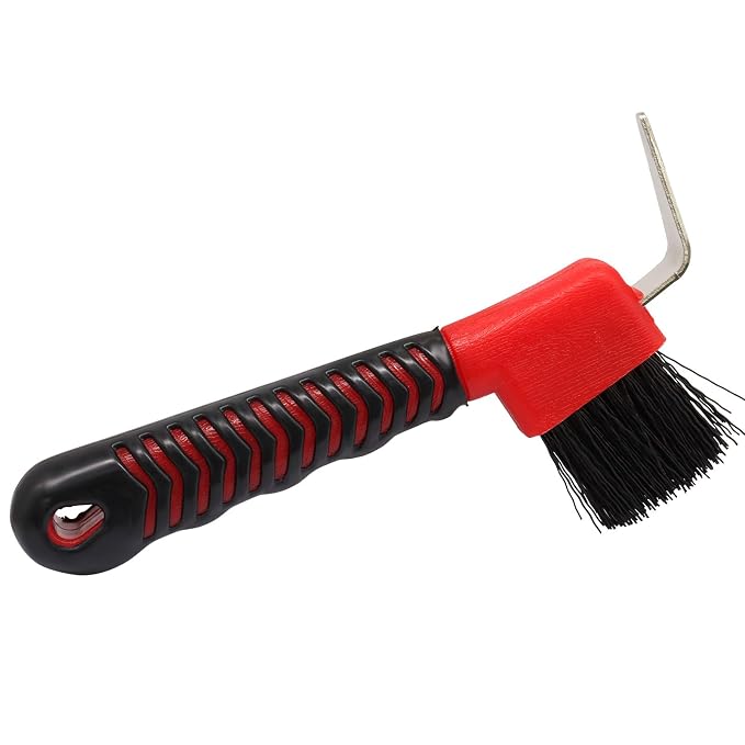 Hoof Pick Brushes, Soft Touch Rubber Handle Portable Hoofpick, Stiff Hoof Pick for Horse Care, Groomers (Red)