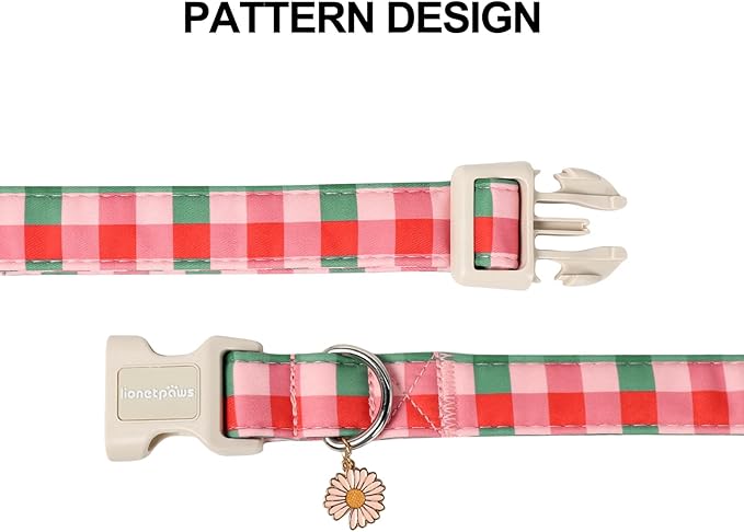 Lionet Paws Spring Dog Collar- Pink Green Plaid Dog Collars with Plastic Buckle and Daisy Pendant, Light Winter Dogs Collar for Small Medium Dogs