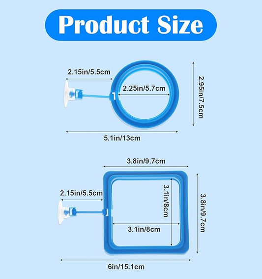 4 Pack Fish Feeding Ring, Aquarium Betta Feeding Ring for Fish Tank, Goldfish, Guppy, Turtle, Suction Included(Blue, 2 Round & 2 Square)