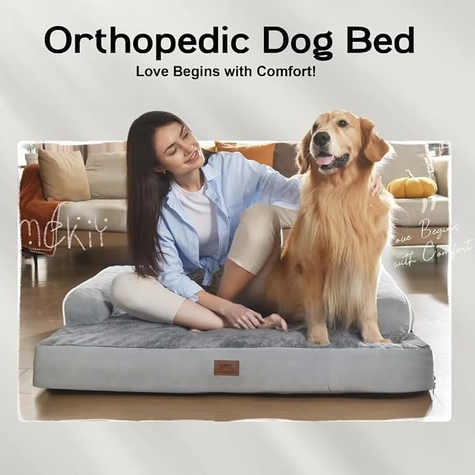 MEKIY Orthopedic Washable Dog Bed with Bolster for Large Sized Dogs | Pillow Support for Neck Relief, Egg Crate Foam, Waterproof Liner, Anti-Slip Bottom, Machine Washable Cover, 38 x 25 Inch
