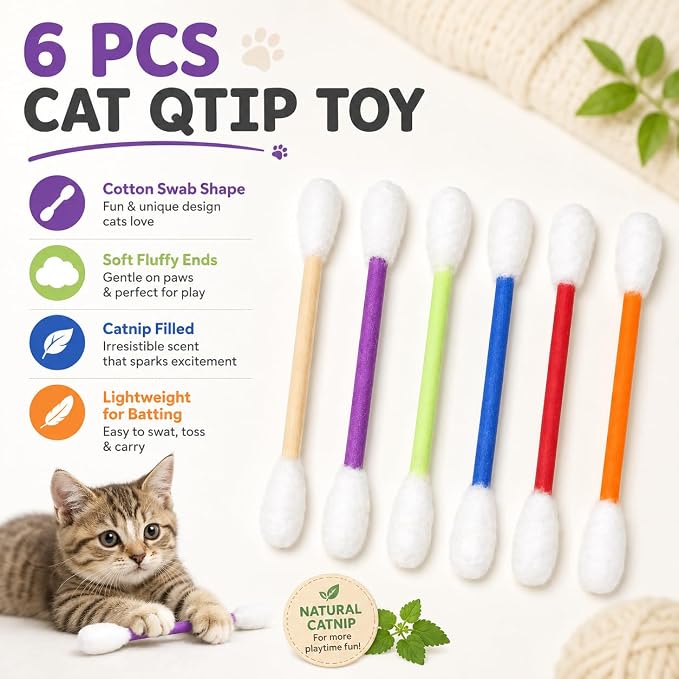 Cat Q Tip Toy with Catnip Cotton Swabs Qtip Cat Toy Pack Catnip Toys for Indoor Cats Giant Qtip Cat Toy Chew Sticks, Durable Felt Interactive