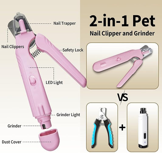 2-in-1 Dog & Cat Nail Clippers and Grinder with Light, Safety Guard, Painless Quiet Pet Nail Claw Trimmers, USB Rechargeable Pet Nail Trimmer, for Large Medium Small Dogs Cats Claw Trimmer, Pink
