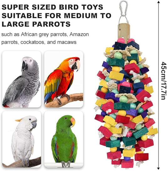 Bird Toys for Large Parrots Colorful Natural Wood Block Parrots Chew Foraging Toys for Bird Cages Cockatoos, Macaws, African Greys, and Amazons