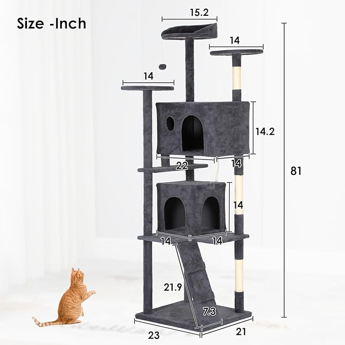 PayLessHere Cat Tree 81in Cat Tower with Cat Scratching Post,Multi-Level Cat Condo Stand House Furniture Kitty Activity Center with Furry Ball Toys Cat Tree for Indoor Cats,Dark Gray