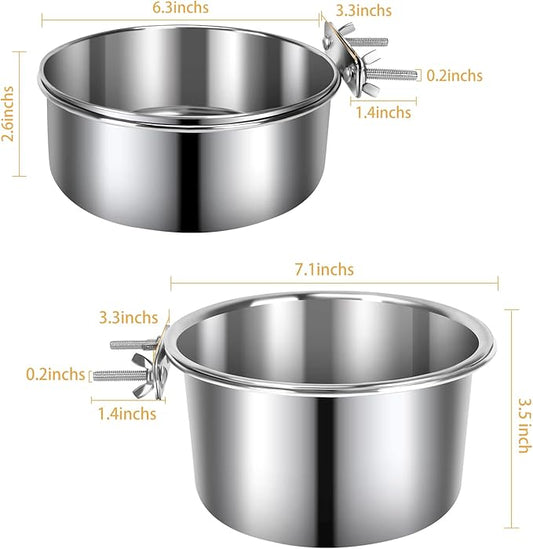 2 Pcs Large Pet Dog Food Water Bowl for Cage Stainless Steel Non-Spill Kennel Hanging Cats Bowls with Clamp Holder Crate Feeder Dish for Medium Large Dogs Huge Pets (7.1x3.5'' & 6.3x2.6'')