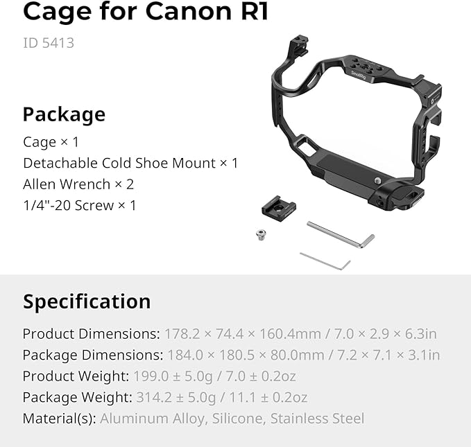 SmallRig Cage for Canon R1, Full-Cover R1 Cage with Detachable Cold Shoe Mount, Quick Release Plates for Arca, 1/4"-20 & 3/8"-16 for ARRI locating holes, Support Vertical and Horizontal Shooting- 5413